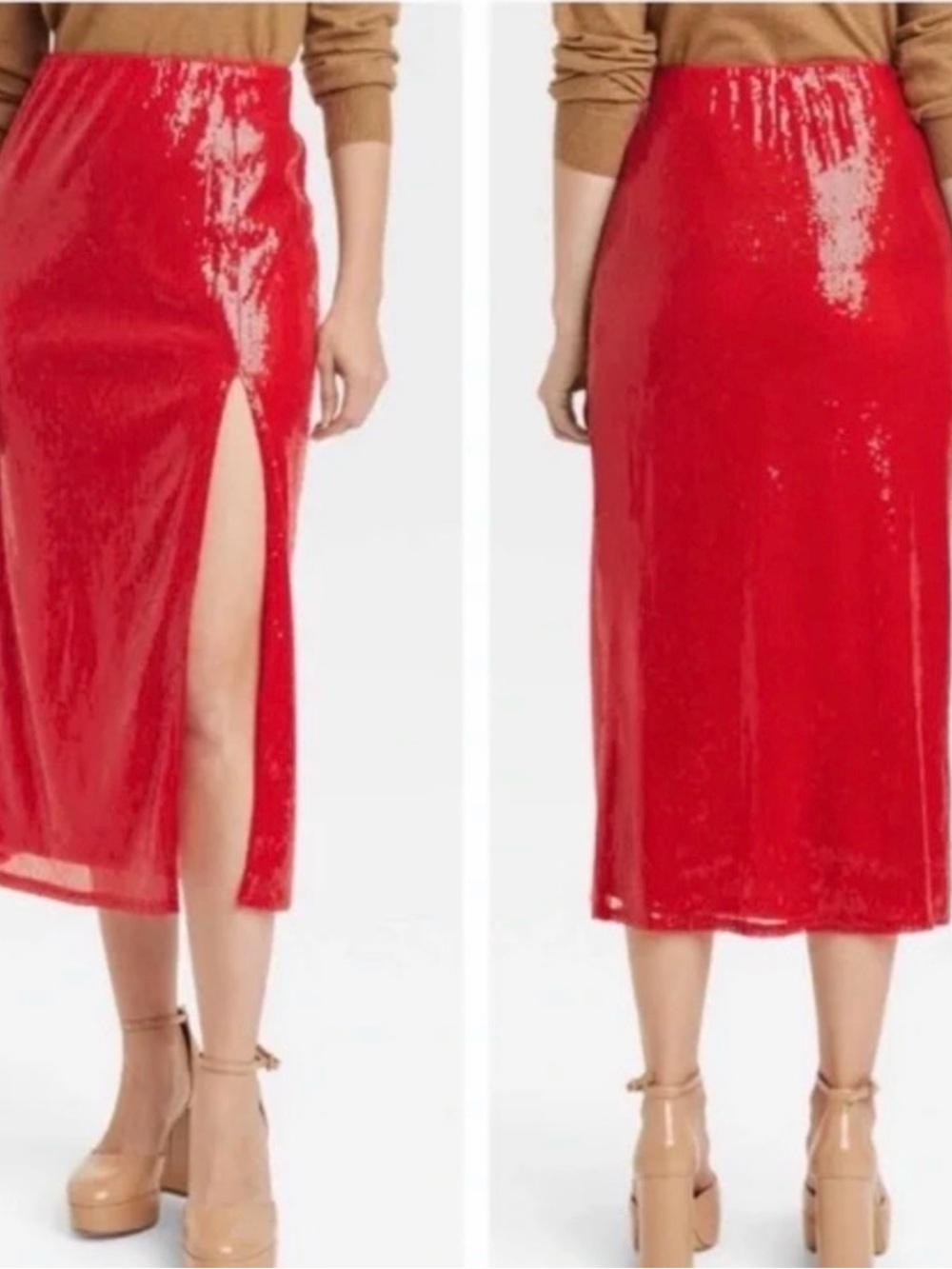 a new day Red Sequin Midi Skirt with High Side Slit
